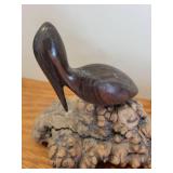 Set of 2 Handcrafted Bird Figurines - Duck and Pelican on Burl Wood