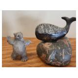 Carved Stone Animal Figurines - Bear and Whale on Rock Base