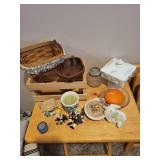 Collection of Decorative Figurines, Baskets, Glassware, and Holiday Items