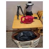 Camping Essentials Set with Lantern, Flexible Tripod, Air Pump, and Inflatable Mattress in Striped Tote