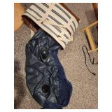 Camping Essentials Set with Lantern, Flexible Tripod, Air Pump, and Inflatable Mattress in Striped Tote