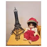 Suzanne Gibson 1980 Porcelain Doll with Red Dress and Eiffel Tower Metal Sculpture