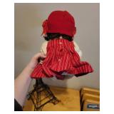 Suzanne Gibson 1980 Porcelain Doll with Red Dress and Eiffel Tower Metal Sculpture