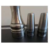 Vintage Plate Set with Fruit Motif, Blue Pattern Plate, and Stanley Roberts Velvet 18-8 Stainless Salt and Pepper Shakers with Grinder