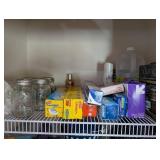 Large Kitchen Pantry Lot with Glass Storage Jars, Containers, Cookware, and Assorted Utensils
