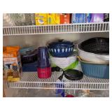 Large Kitchen Pantry Lot with Glass Storage Jars, Containers, Cookware, and Assorted Utensils
