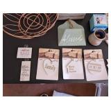 Home Decor Lot with Wire Basket, Signs, and Beaded Garlands