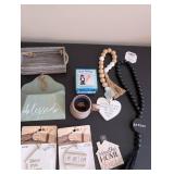 Home Decor Lot with Wire Basket, Signs, and Beaded Garlands