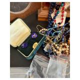 Vintage Wooden Jewelry Box with Beaded Necklaces, Earrings & Accessories