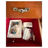 Vintage Wooden Jewelry Box with Beaded Necklaces, Earrings & Accessories