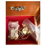 Vintage Wooden Jewelry Box with Beaded Necklaces, Earrings & Accessories