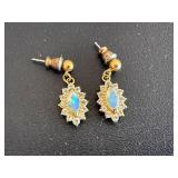 Opalescent Blue Stone Halo Earrings in Gold Tone - Vintage Rhinestone Halo (Pair)