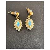 Opalescent Blue Stone Halo Earrings in Gold Tone - Vintage Rhinestone Halo (Pair)
