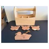 Wooden Caddy with 3 Butterfly and One Loon Ornaments (Lot of 5)
