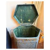 Vintage Hexagonal Woven Hamper - Blue-Gray Rattan with Metal Banding