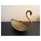 Brass Swan-Shaped Bowl with Handle - Ornate Feather Pattern Centerpiece