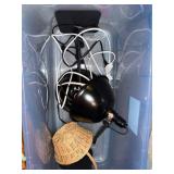Two Desk Lamps with Black Shade, Cords, and Straw Basket