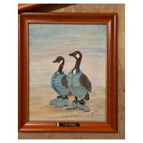 Paintings (Lot of 2) - Winter Snow Scene with Red Sleigh & Lovers Geese, Framed