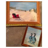 Paintings (Lot of 2) - Winter Snow Scene with Red Sleigh & Lovers Geese, Framed