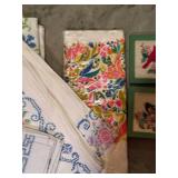 Linen Napkins with Blue Embroidery & 4 Green-Framed Cross-Stitch Panels