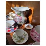 Vintage Floral Porcelain Teacups & Saucers - Large Center Vase Included