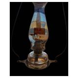 Vintage Brass Hanging Oil Lamp with Conical Shade and Glass Reservoir
