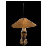 Vintage Brass Hanging Oil Lamp with Conical Shade and Glass Reservoir