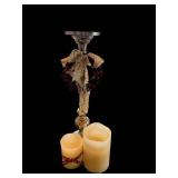 Candlestick Centerpiece - Metal Candlestick with Lace Ribbon & Berry Garland, Ivory Pillar Candles