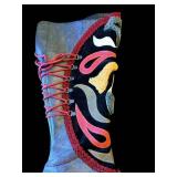 Think! Patchwork Tall Boot - Blue Leather With Multicolor Panels, Side Zip