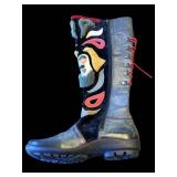 Think! Patchwork Tall Boot - Blue Leather With Multicolor Panels, Side Zip