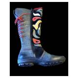 Think! Patchwork Tall Boot - Blue Leather With Multicolor Panels, Side Zip
