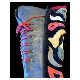 Think! Patchwork Tall Boot - Blue Leather With Multicolor Panels, Side Zip