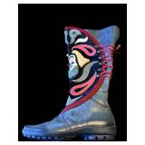 Think! Patchwork Tall Boot - Blue Leather With Multicolor Panels, Side Zip