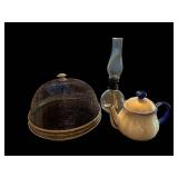 Ceramic Teapot With Blue Handle, Glass Hurricane Lamp & Mesh Cover