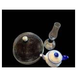 Ceramic Teapot With Blue Handle, Glass Hurricane Lamp & Mesh Cover