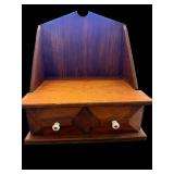 Vintage Oak Wall Shelf With Two Drawers And White Ceramic Knobs