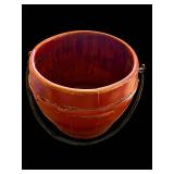 Antique Red Painted Wooden Bucket with Metal Handle