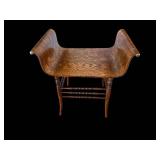 Antique Oak Bench- Curved Saddle Seat, Turned Legs, 23 x 15 in