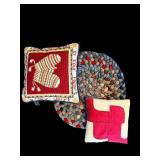 Decorative Pillows - Christmas Heart Cushion & Patchwork Square Pillow (Lot of 2) & Braided Mat