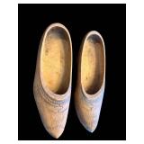 Pair of Vintage Carved Wooden Clogs With Geometric Inlays - Inscribed 1914