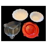 4-Piece Vintage Glass Serving Set: Clear Divided Tray, White Shell Bowls, Red Rooster Plate