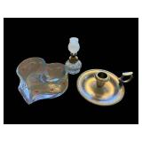 Heart-Shaped Glass Dish with Painted Hearts - Chip on Rim; Includes Oil Lamp & Candle Holder