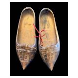 Pair of Hand-Carved Dutch Wooden Clogs with White Inlays - Rustic Folk Art