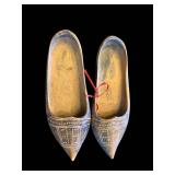 Pair of Hand-Carved Dutch Wooden Clogs with White Inlays - Rustic Folk Art