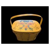 Hand-Painted Yellow Wooden Basket with Lid - Floral Design, Cottage Decor