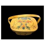 Hand-Painted Yellow Wooden Basket with Lid - Floral Design, Cottage Decor