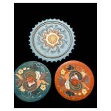 Decorative Wood Plates - Floral Hand-Painted Set of 3 (Blue, Teal, Orange)