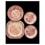 Red Transferware Plate Set - 4-Piece Dinnerware With Scenic Motifs