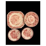 Red Transferware Plate Set - 4-Piece Dinnerware With Scenic Motifs
