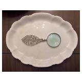 White Ceramic Oval Plate with Scalloped Edge & Decorative Leaf Magnifying Glass
